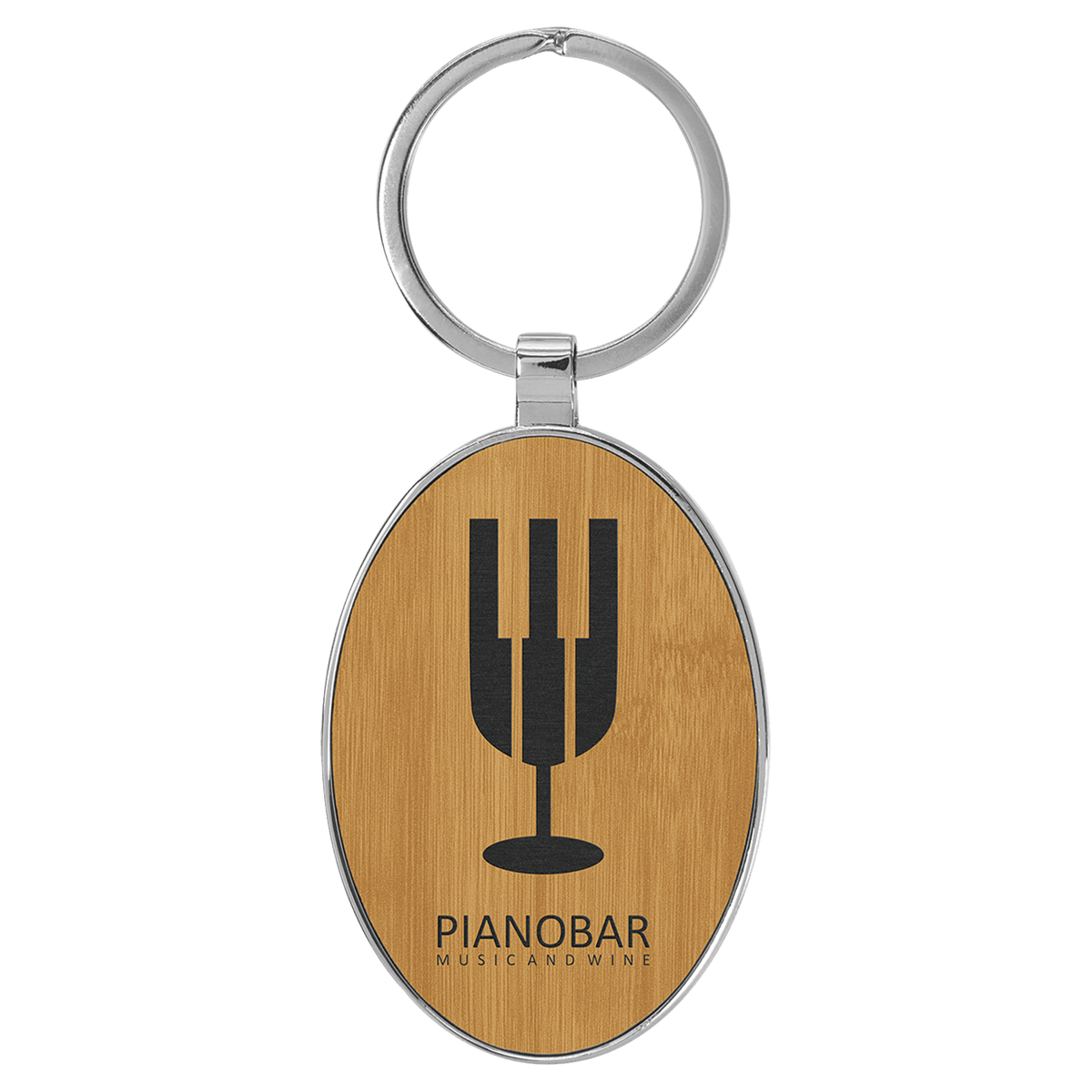 Bamboo personalized metal-frame oval leatherette keychains with example engraving