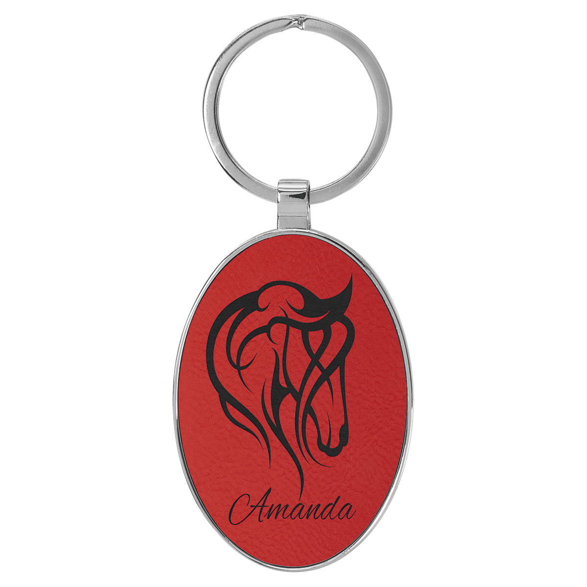 Red personalized metal-frame oval leatherette keychains with example engraving