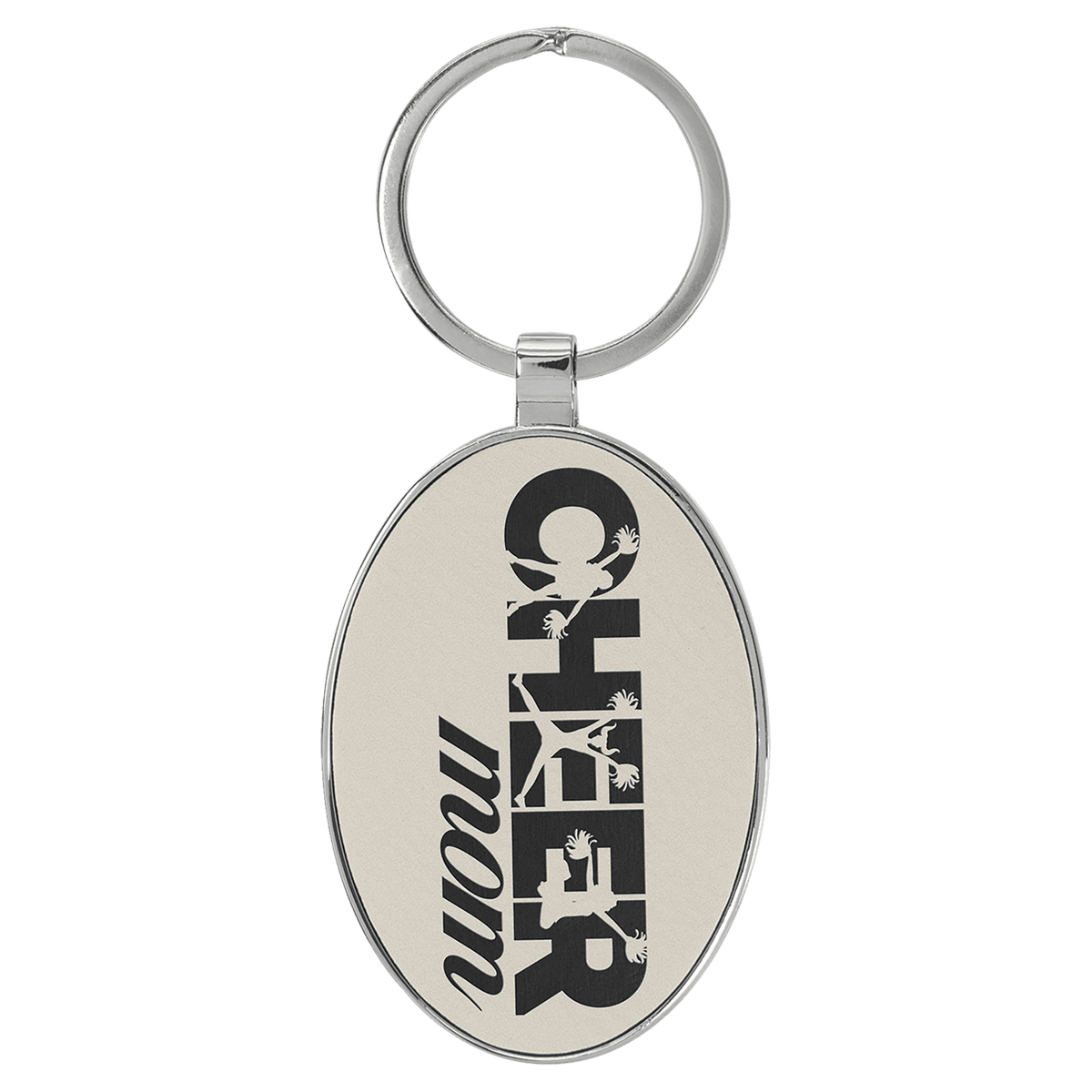 White/Black personalized metal-frame oval leatherette keychains with example engraving