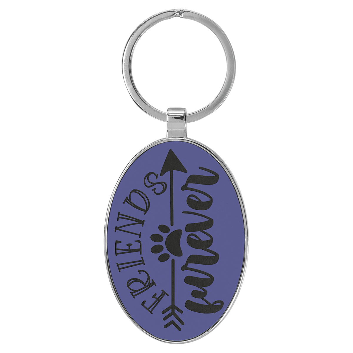 Purple personalized metal-frame oval leatherette keychains with example engraving