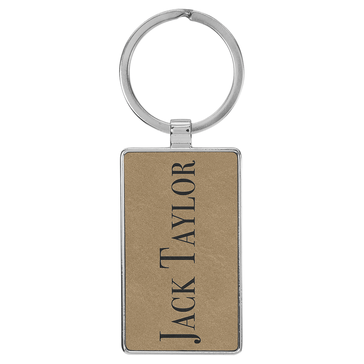 Light Brown personalized metal-frame rectangle leatherette keychains with example engraving