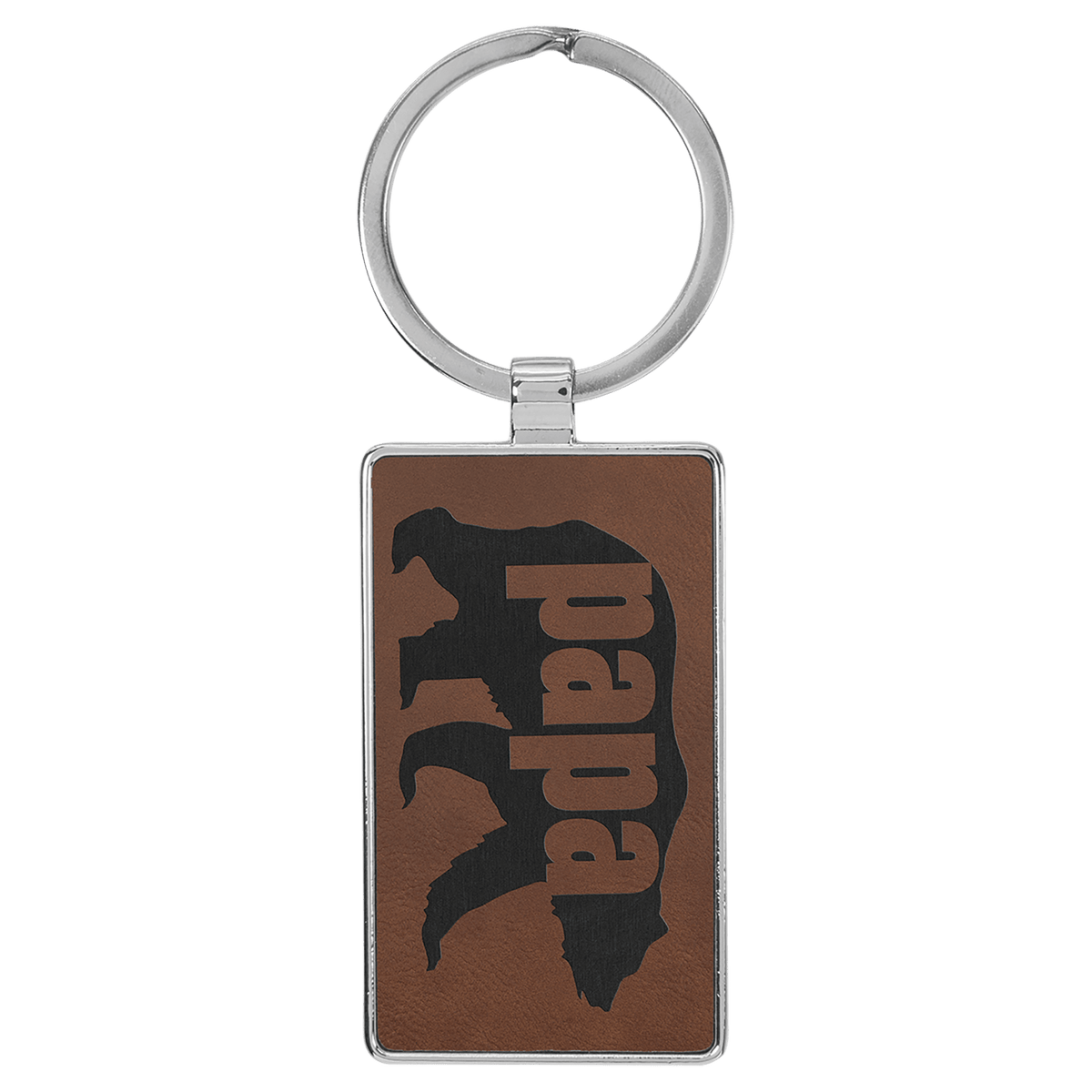 Dark Brown personalized metal-frame rectangle leatherette keychains with example engraving
