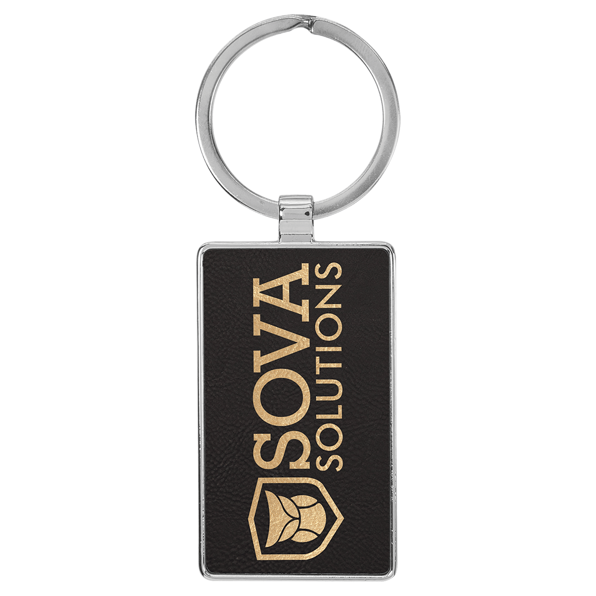 Black/Gold personalized metal-frame rectangle leatherette keychains with example engraving