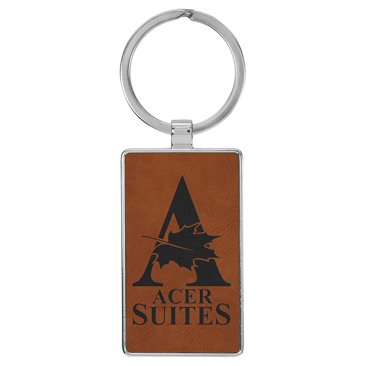 Rawhide personalized metal-frame rectangle leatherette keychains with example engraving