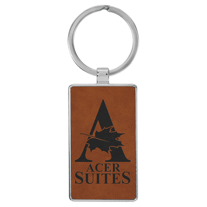 Rawhide personalized metal-frame rectangle leatherette keychains with example engraving