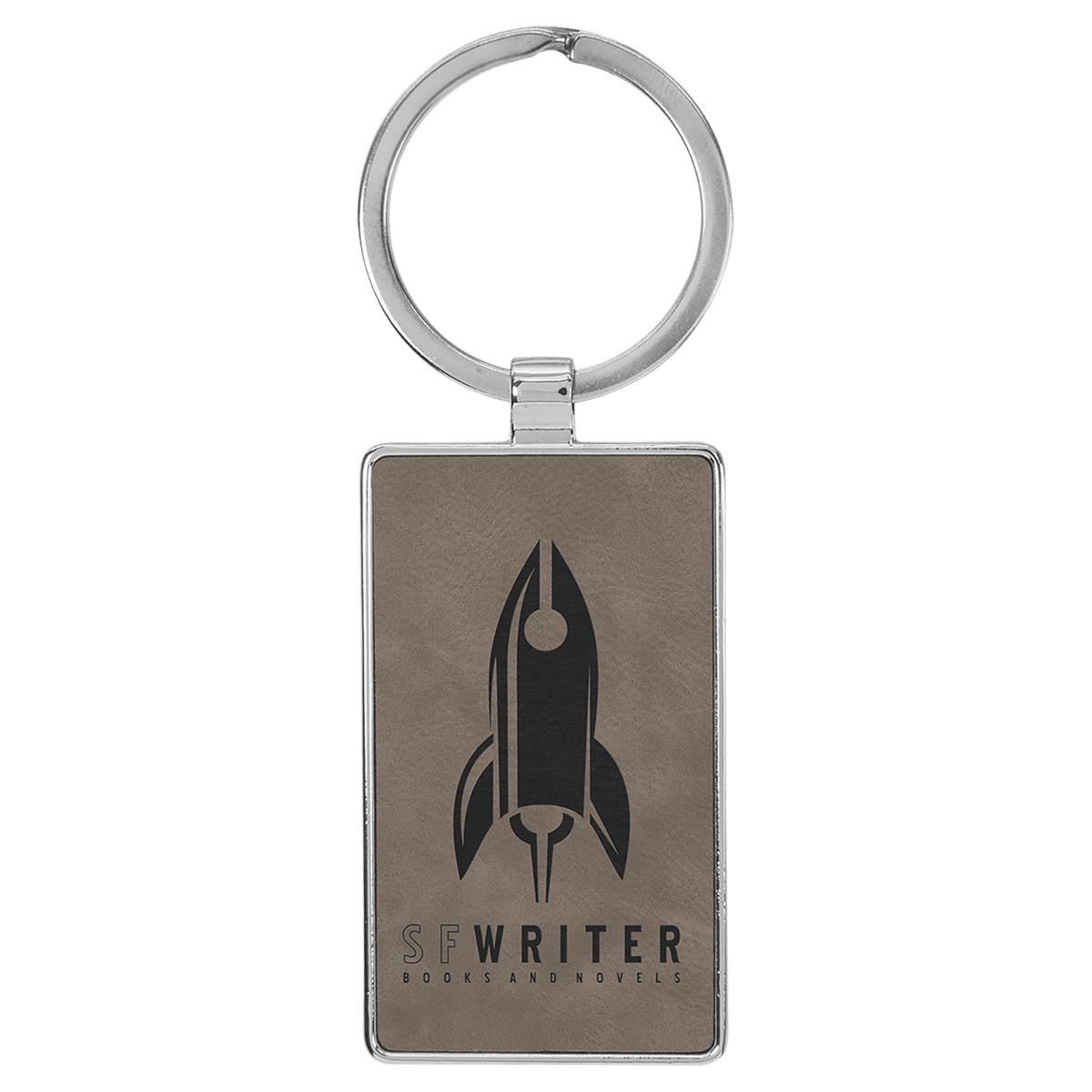 Gray personalized metal-frame rectangle leatherette keychains with example engraving