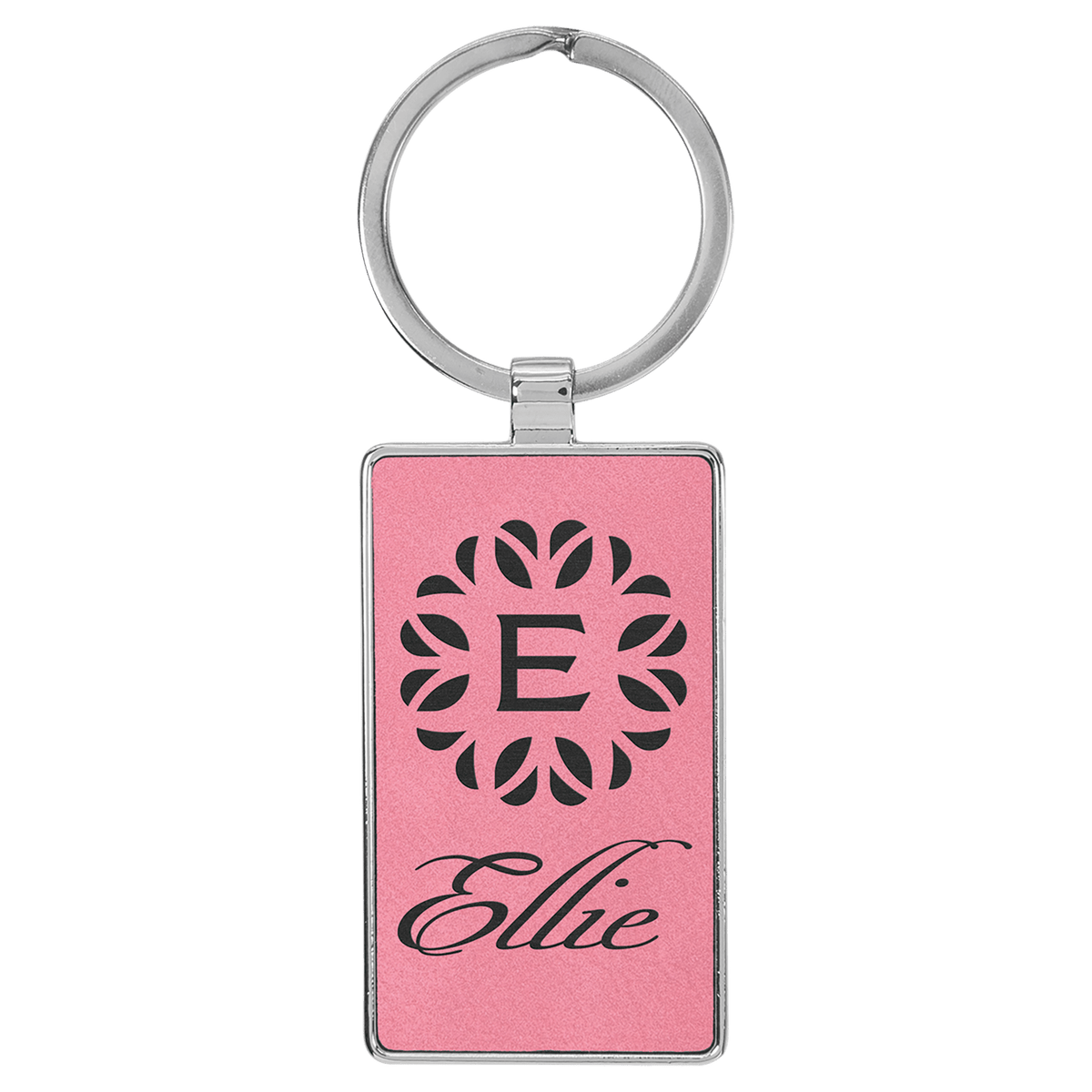 Pink personalized metal-frame rectangle leatherette keychains with example engraving