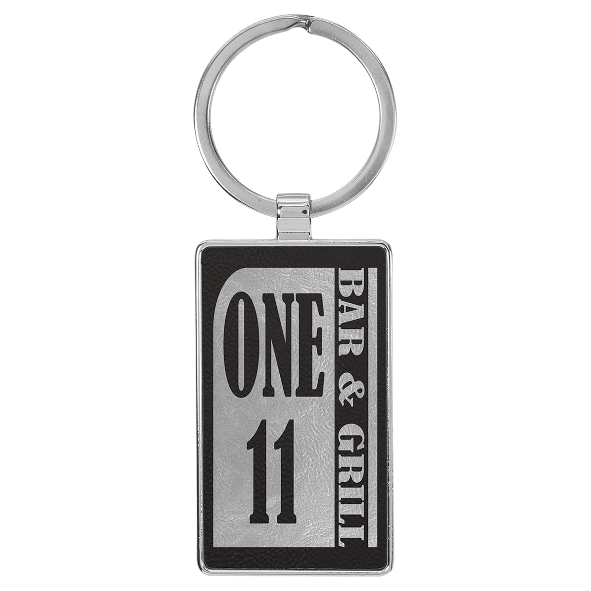 Black/Silver personalized metal-frame rectangle leatherette keychains with example engraving