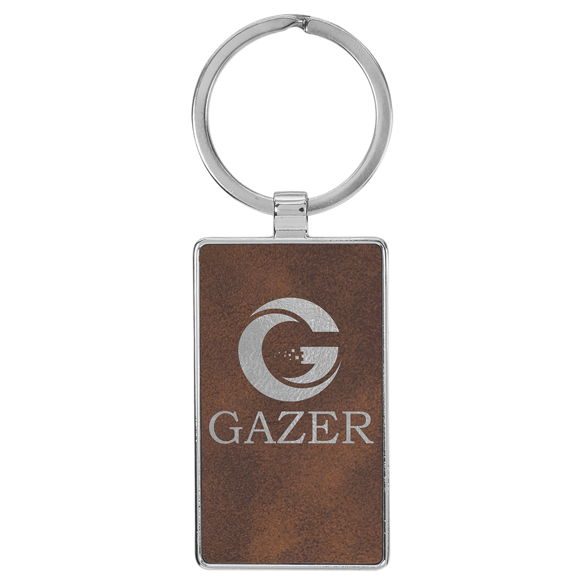 Rustic/Silver personalized metal-frame rectangle leatherette keychains with example engraving