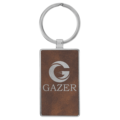 Rustic/Silver personalized metal-frame rectangle leatherette keychains with example engraving