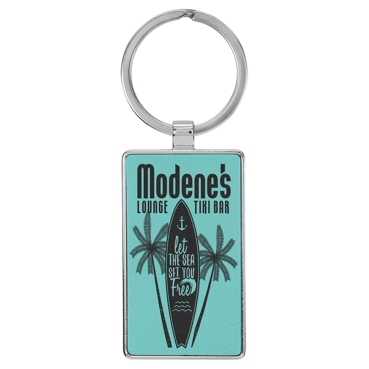 Teal personalized metal-frame rectangle leatherette keychains with example engraving