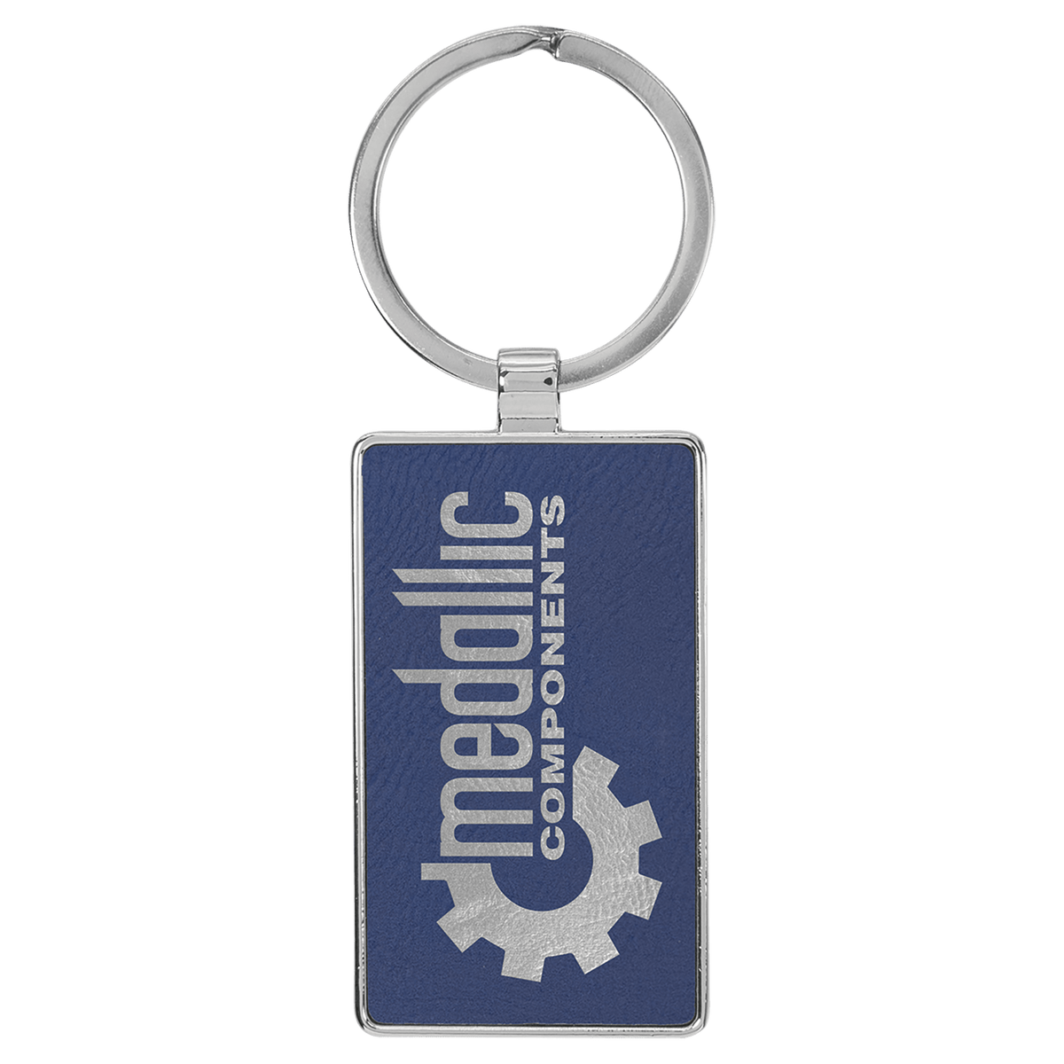 Blue/Silver personalized metal-frame rectangle leatherette keychains with example engraving