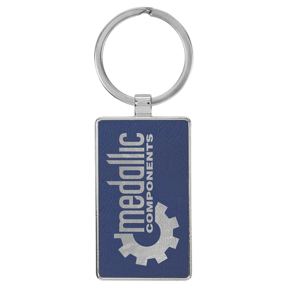 Blue/Silver personalized metal-frame rectangle leatherette keychains with example engraving