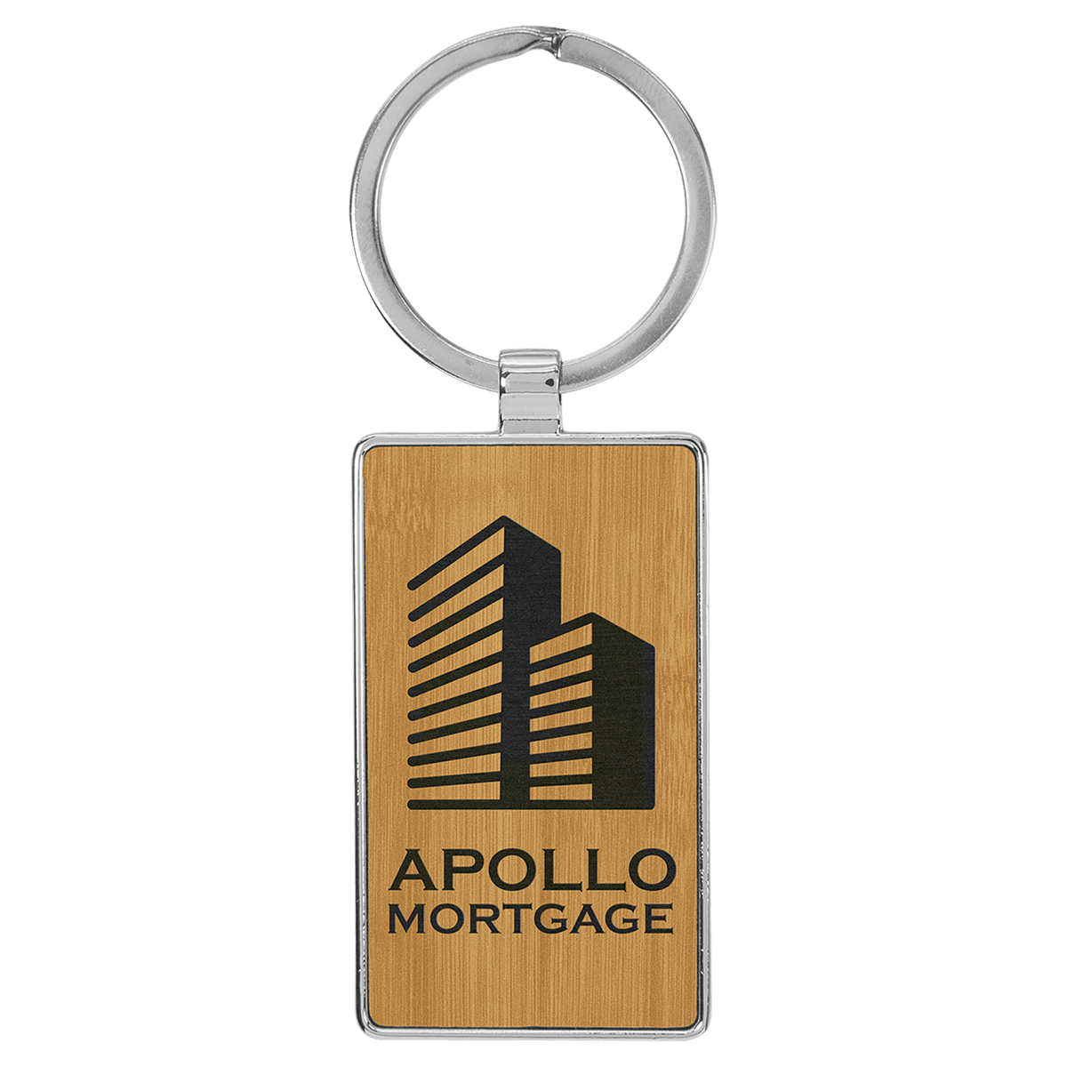 Bamboo personalized metal-frame rectangle leatherette keychains with example engraving