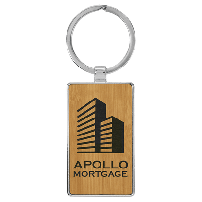 Bamboo personalized metal-frame rectangle leatherette keychains with example engraving