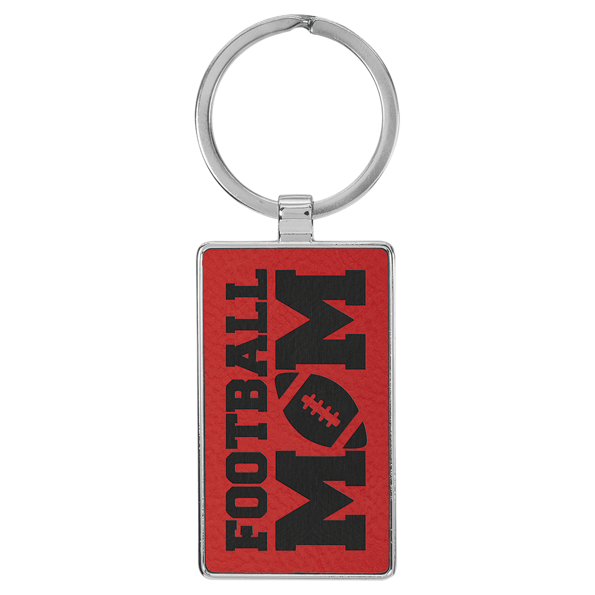 Red personalized metal-frame rectangle leatherette keychains with example engraving