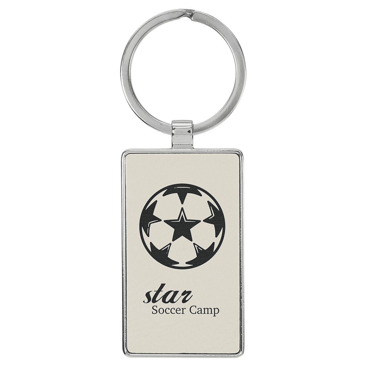 White personalized metal-frame rectangle leatherette keychains with example engraving