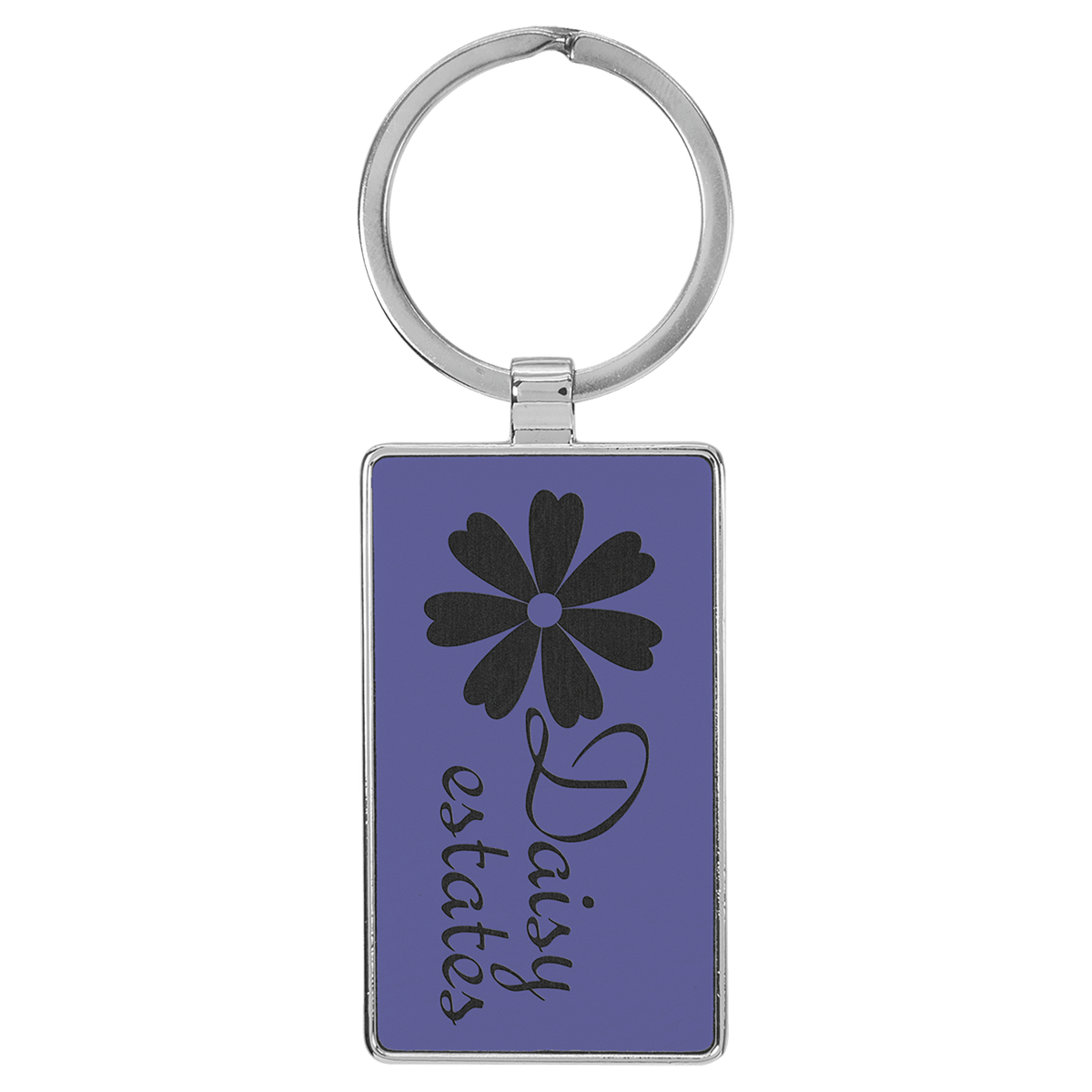 Purple personalized metal-frame rectangle leatherette keychains with example engraving