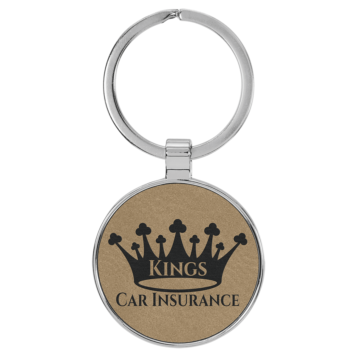 Light Brown personalized metal-frame round leatherette keychains with example engraving
