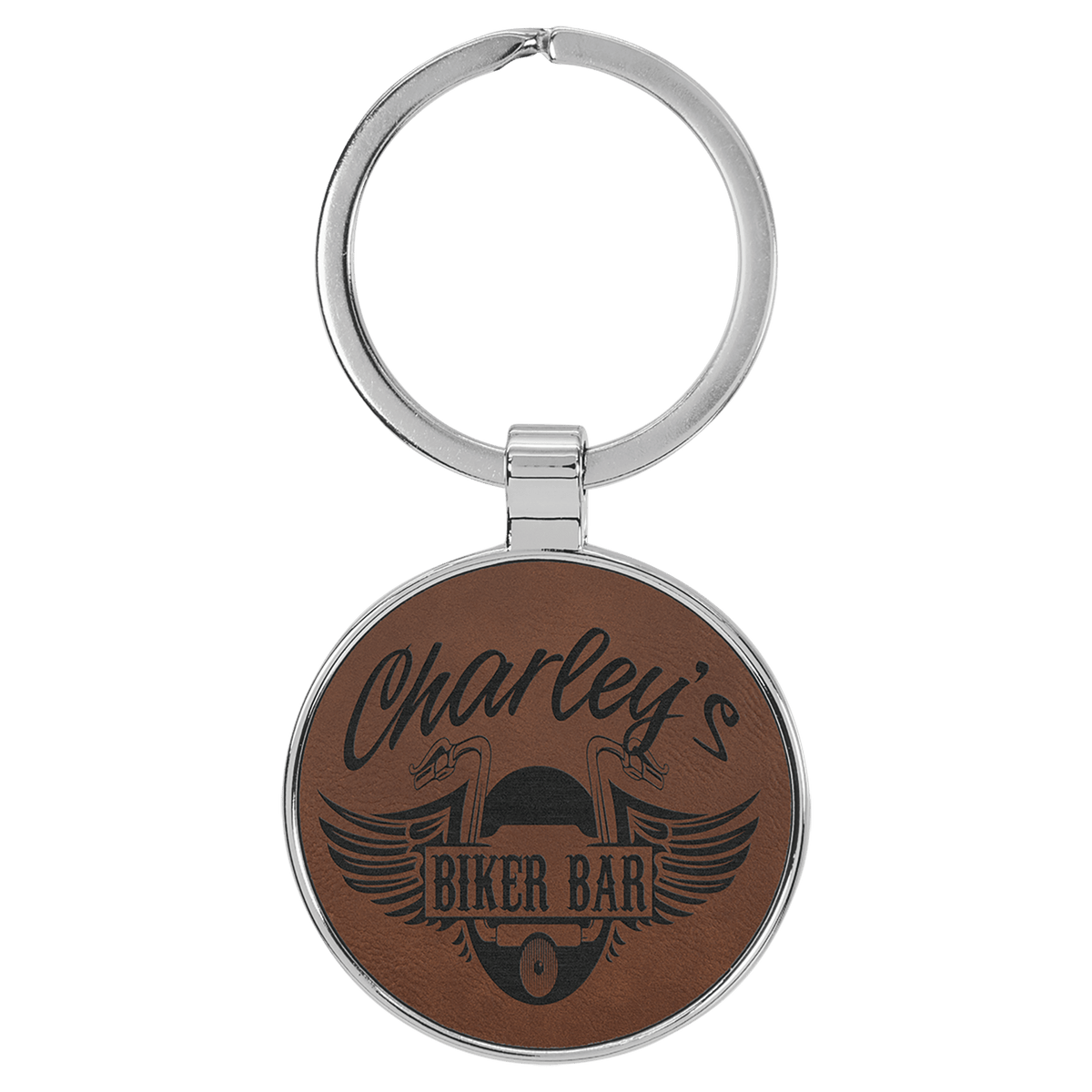 Dark Brown personalized metal-frame round leatherette keychains with example engraving