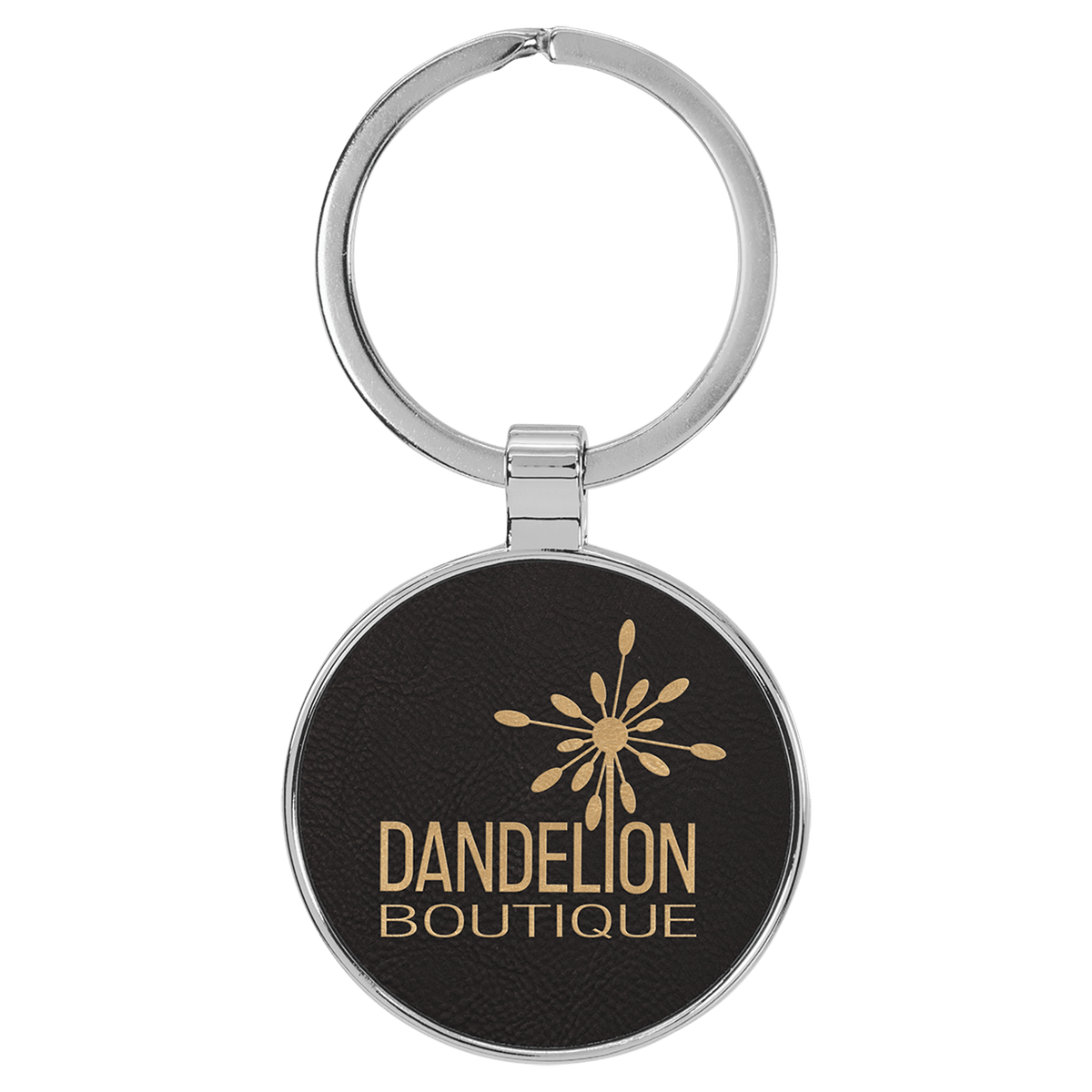 Black/Gold personalized metal-frame round leatherette keychains with example engraving