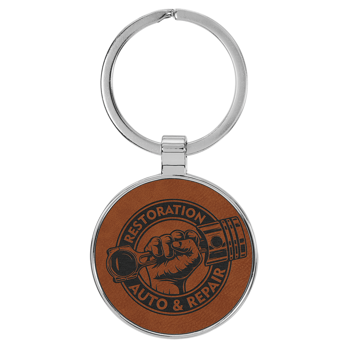 Rawhide personalized metal-frame round leatherette keychains with example engraving