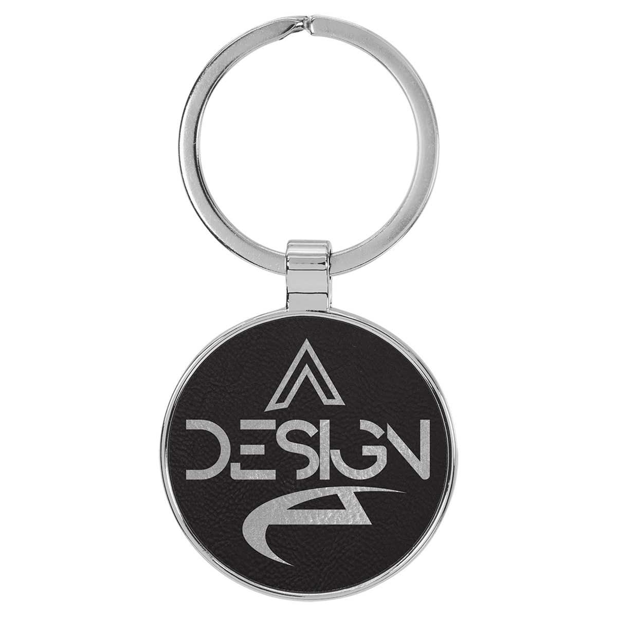 Black/Silver personalized metal-frame round leatherette keychains with example engraving