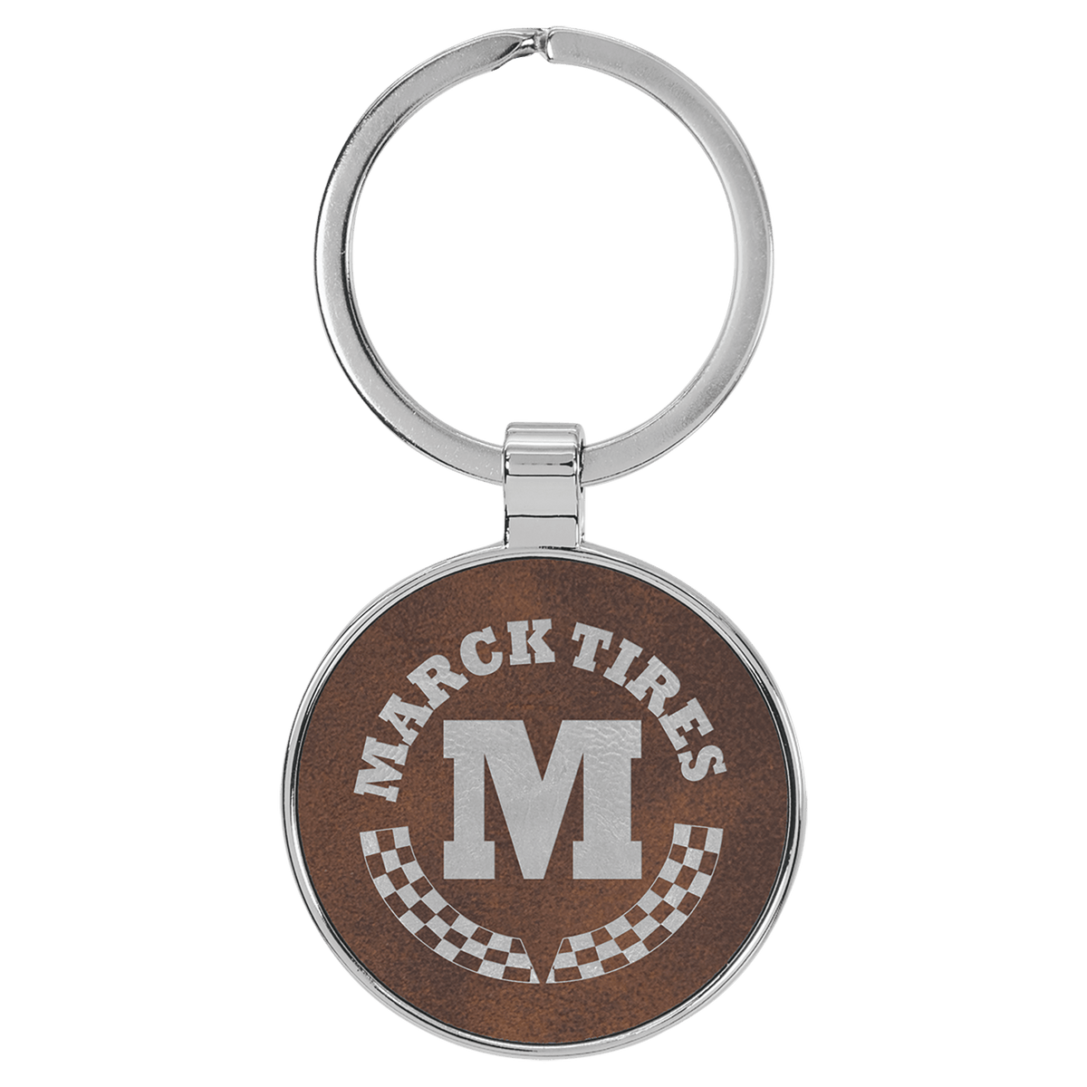 Rustic/Silver personalized metal-frame round leatherette keychains with example engraving