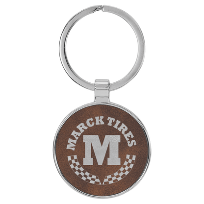 Rustic/Silver personalized metal-frame round leatherette keychains with example engraving