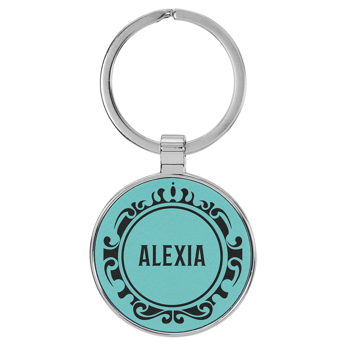 Teal personalized metal-frame round leatherette keychains with example engraving