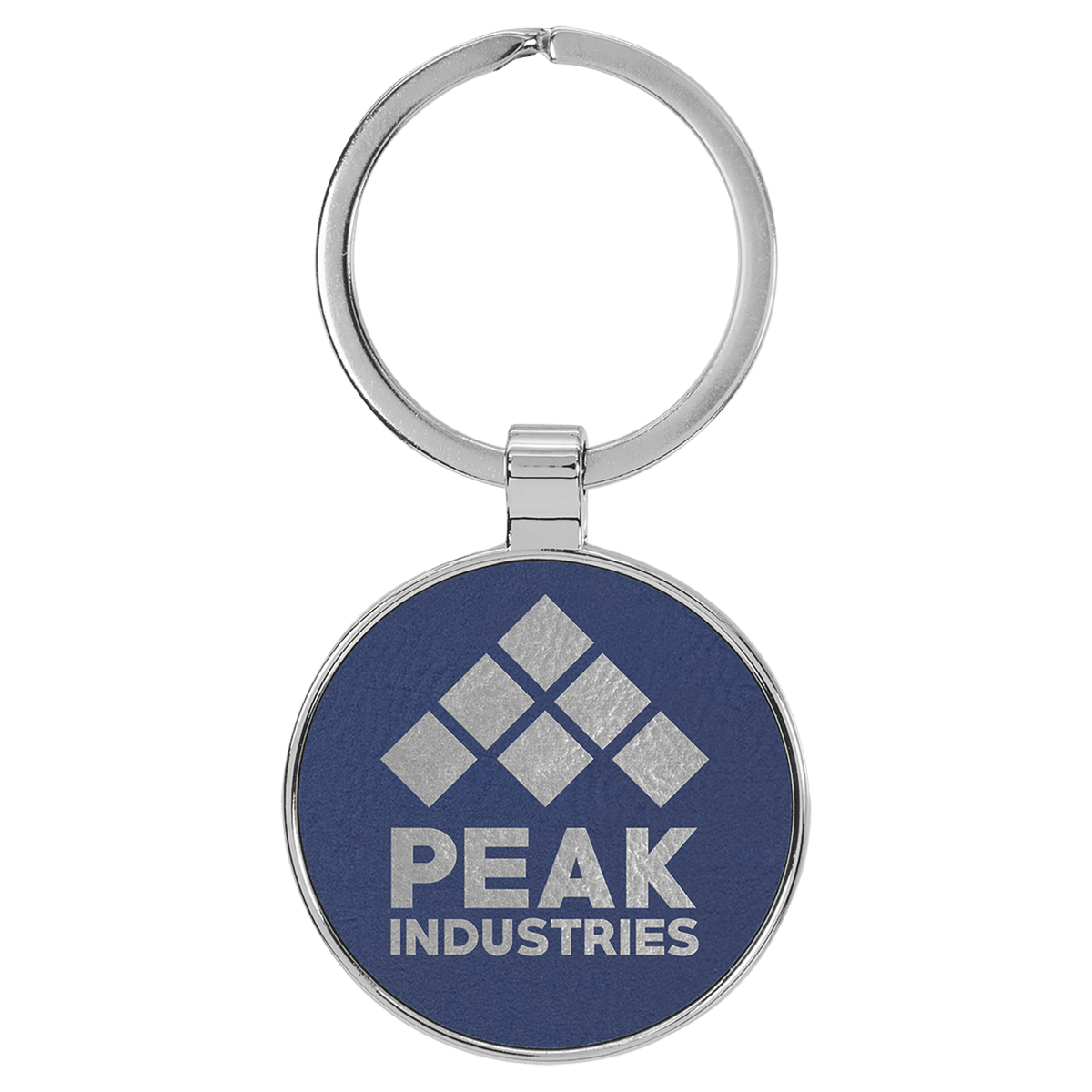 Blue/Silver personalized metal-frame round leatherette keychains with example engraving