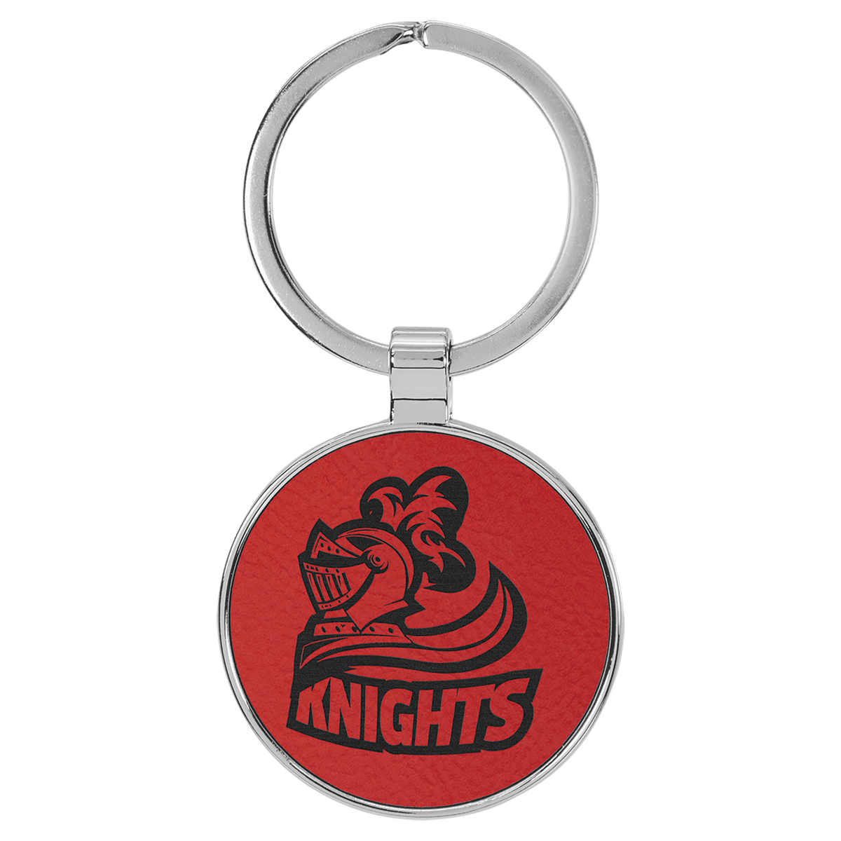 Red personalized metal-frame round leatherette keychains with example engraving