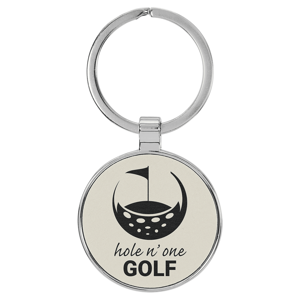 White personalized metal-frame round leatherette keychains with example engraving