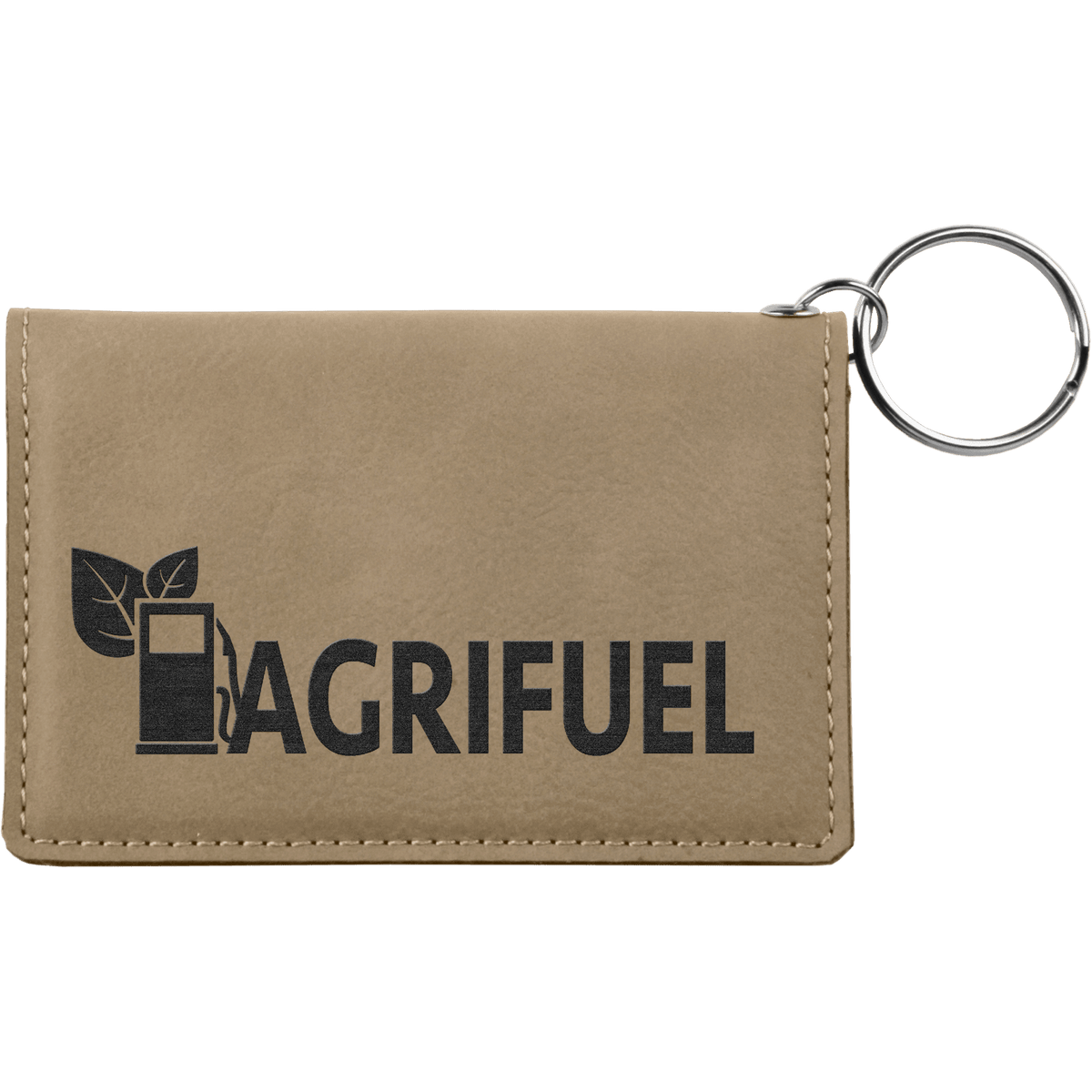 Light Brown personalized leatherette id holder keychains with example engraving