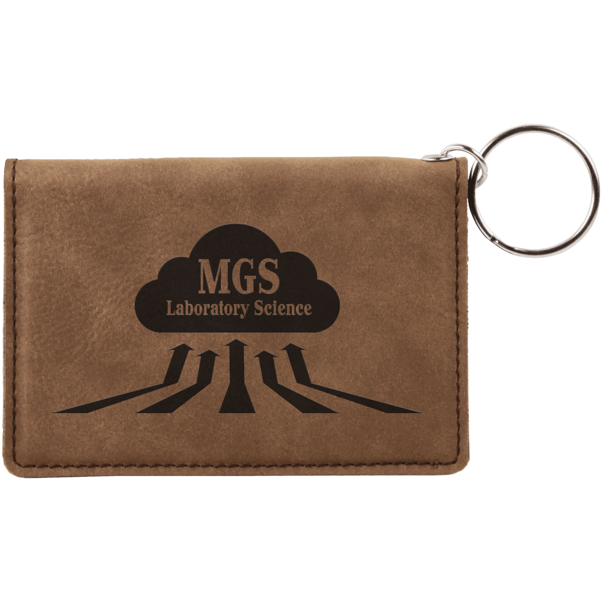 Dark Brown personalized leatherette id holder keychains with example engraving