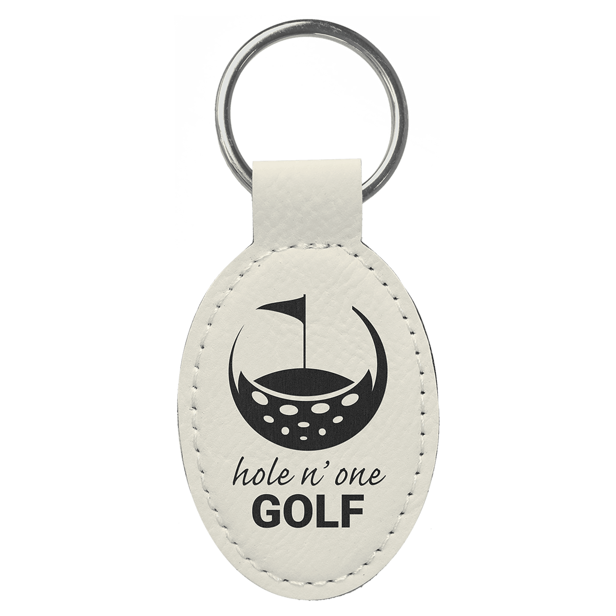 White personalized oval leatherette keychains with example engraving
