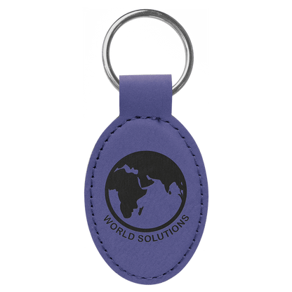 Purple personalized oval leatherette keychains with example engraving