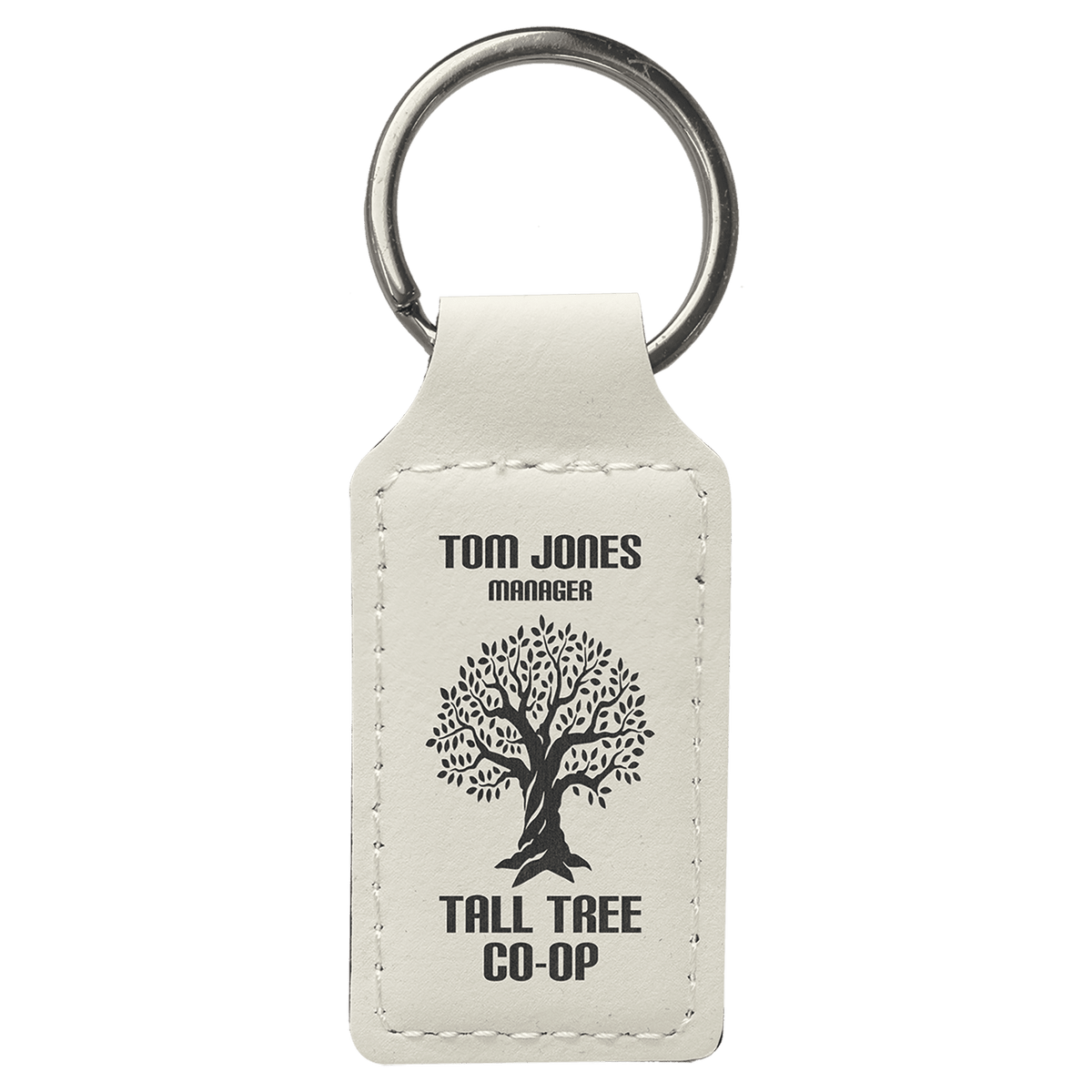 White personalized rectangle leatherette keychains with example engraving