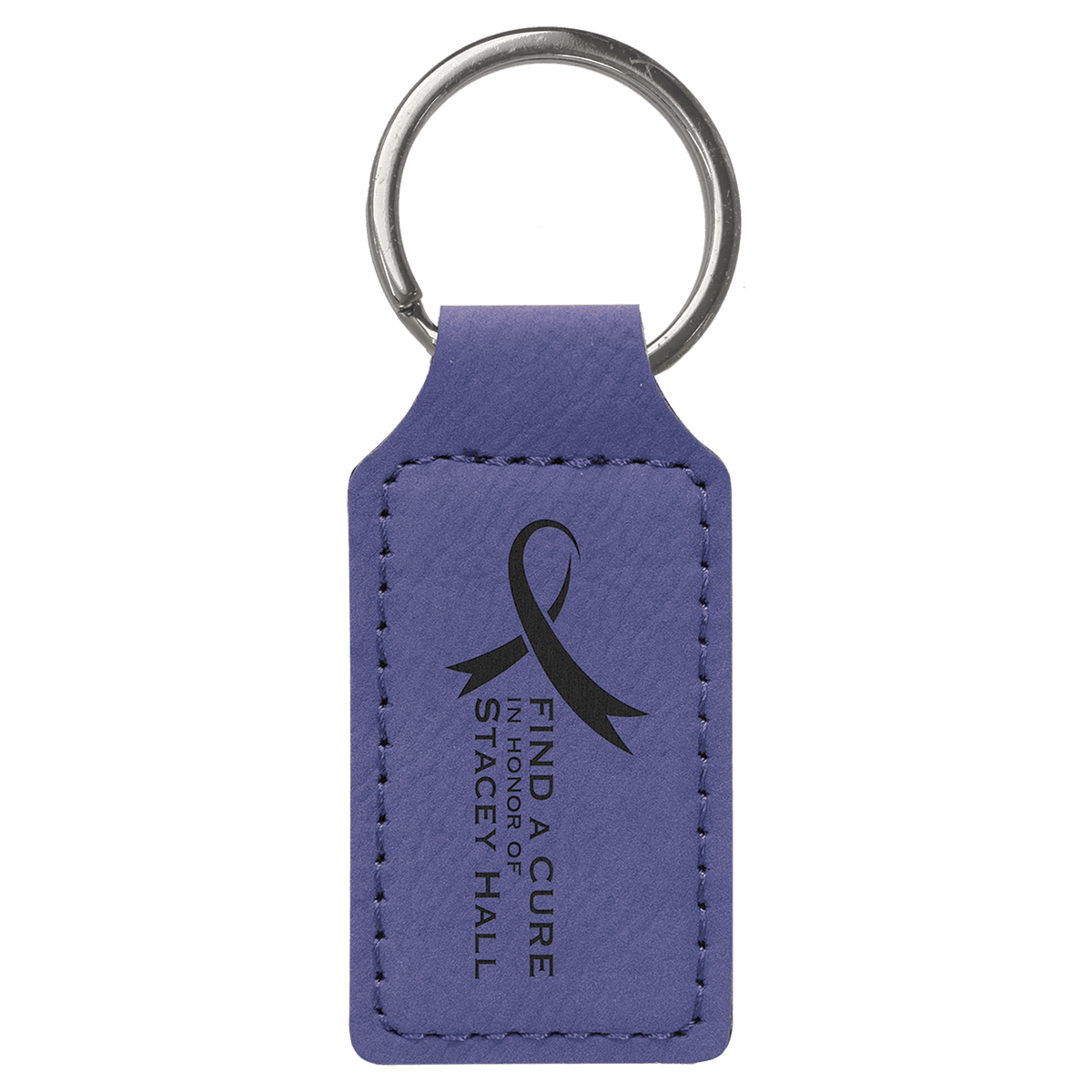 Purple personalized rectangle leatherette keychains with example engraving