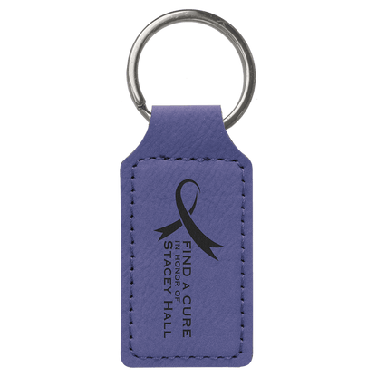 Purple personalized rectangle leatherette keychains with example engraving