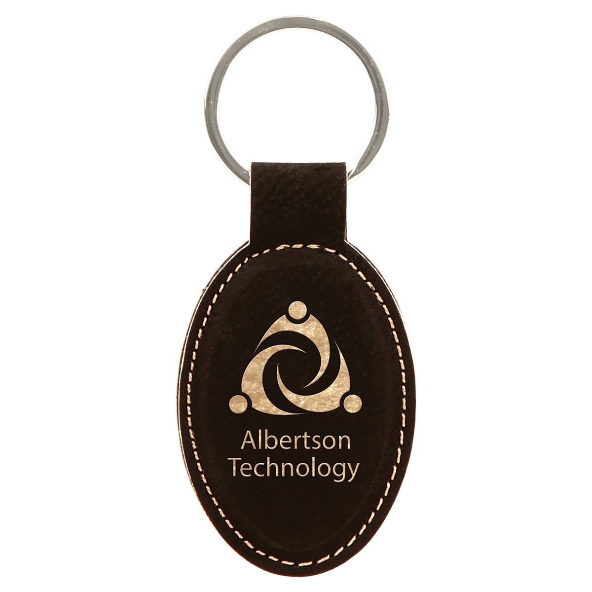 Black/Gold personalized oval leatherette keychains with example engraving