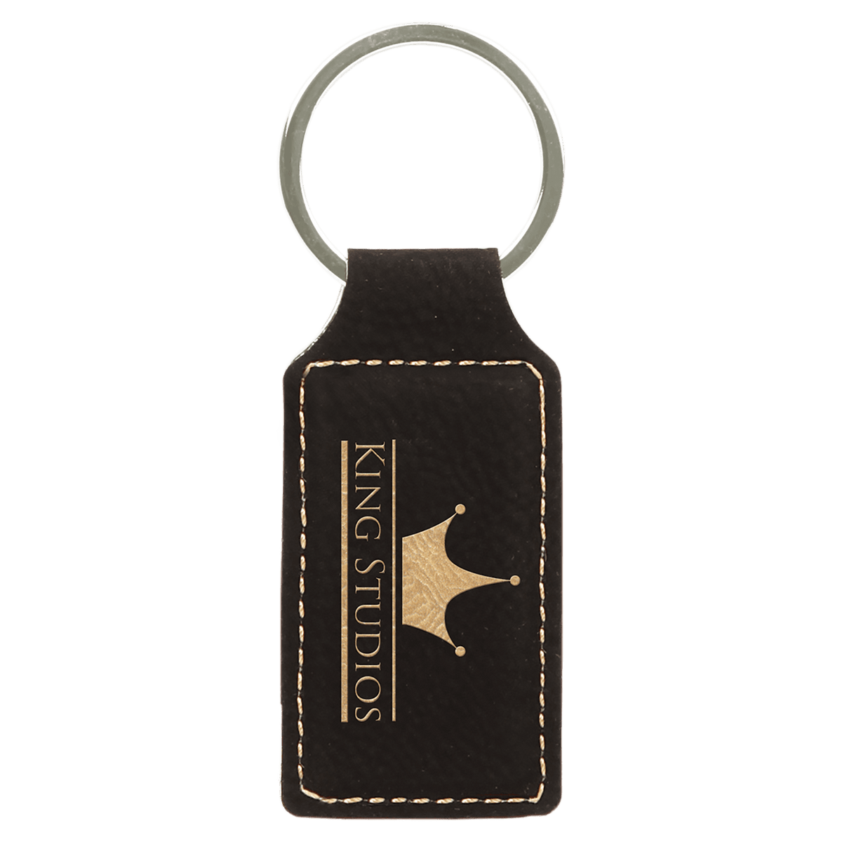 Black/Gold personalized rectangle leatherette keychains with example engraving
