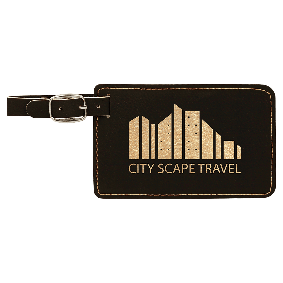 Black/Gold personalized leatherette luggage tags with example engraving