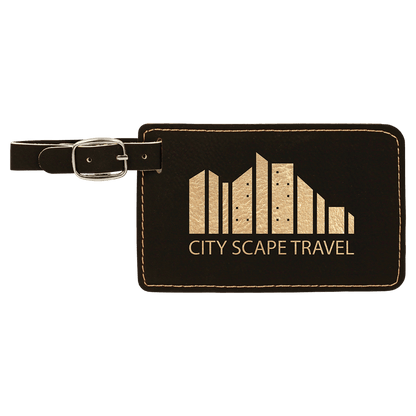 Black/Gold personalized leatherette luggage tags with example engraving