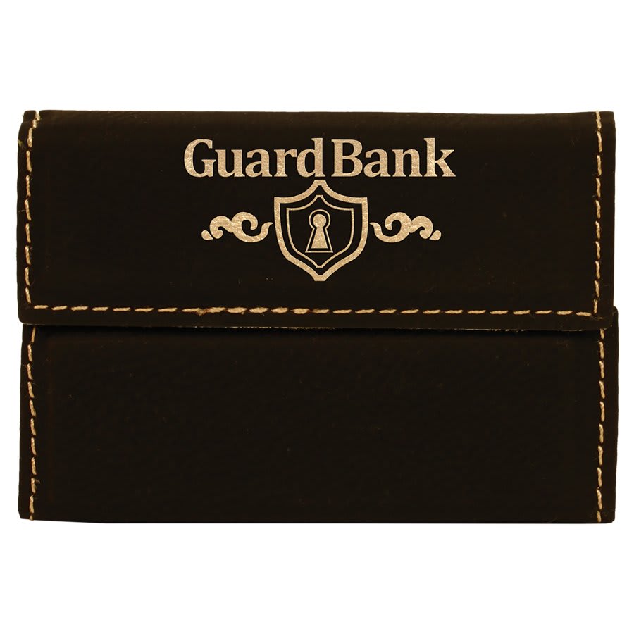 Black/Gold personalized leatherette business card cases with example engraving