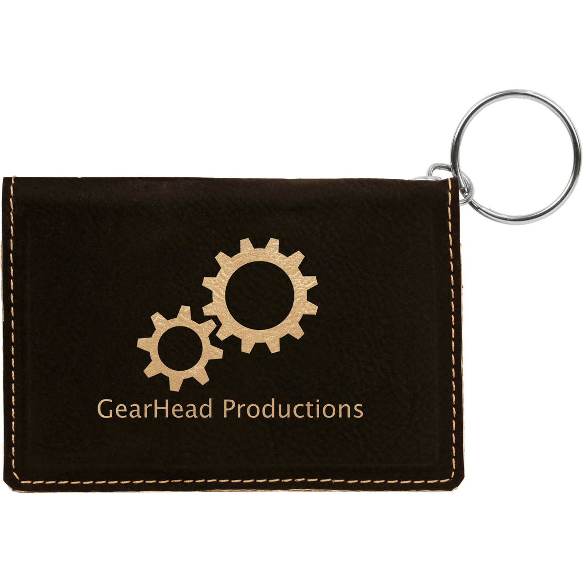 Black/Gold personalized leatherette id holder keychains with example engraving