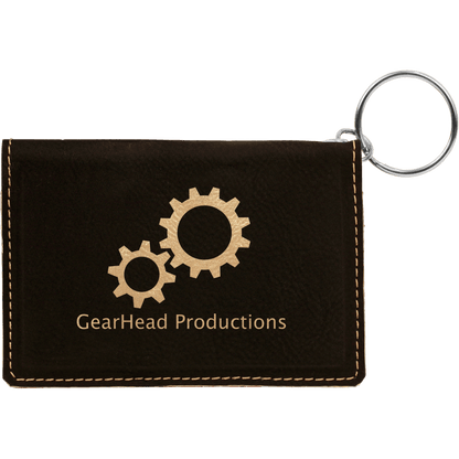Black/Gold personalized leatherette id holder keychains with example engraving