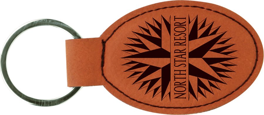 Rawhide personalized oval leatherette keychains with example engraving