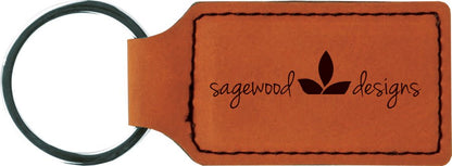Rawhide personalized rectangle leatherette keychains with example engraving