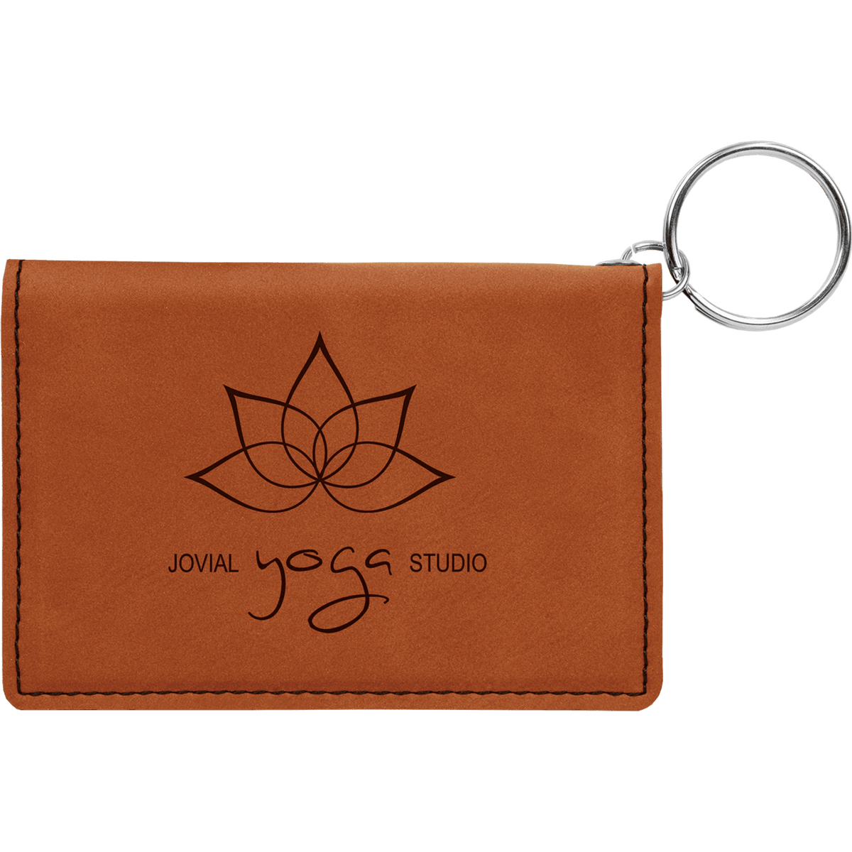 Rawhide personalized leatherette id holder keychains with example engraving